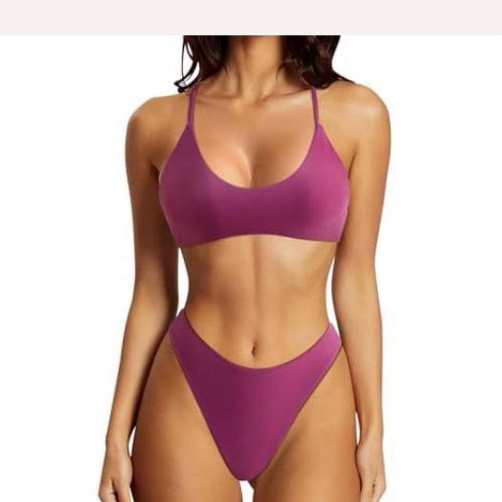 Plunge Scoop Neck High-Leg Bikini Set - Magenta sexy cute flattering